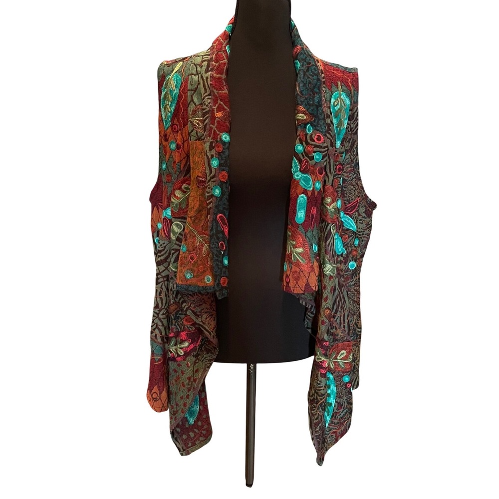 ANU 100 Wool Embroidered Draped Waterfall Open Front Vest M Lagenlook Whimsigoth